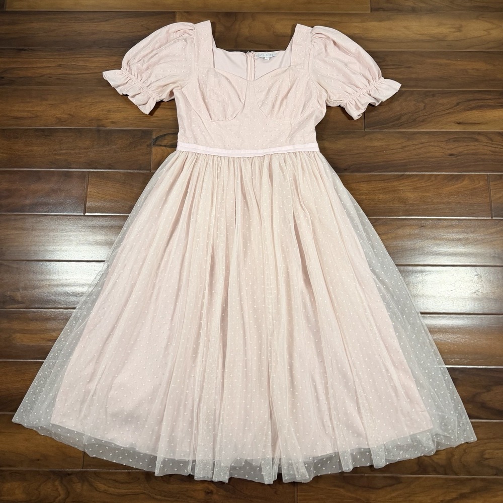 Ivy City Co Women's Size Large Pink Star Embroidered Ballerina Mesh Midi Dress